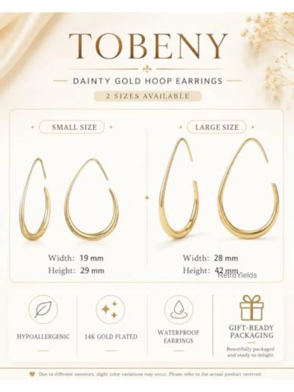14K Gold Plated Teardrop Hoop Earrings for Women, Lightweight Hypoallergenic